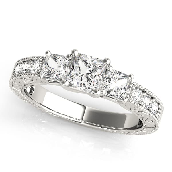 3-Stone Single Row Milgrain Princess Engagement Ting