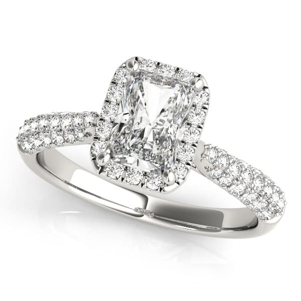 Multirow Pavé Halo Emerald Shape Engagement Ring