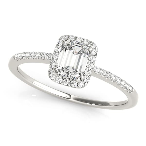 Single Row Halo Emerald Cut Engagement Ring